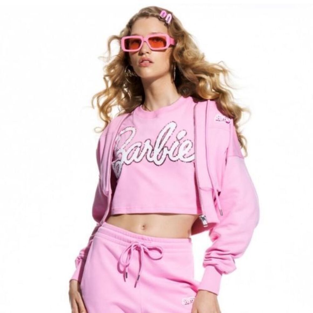 NWT Zara x Barbie Sequin Barbie logo cropped T-shirt